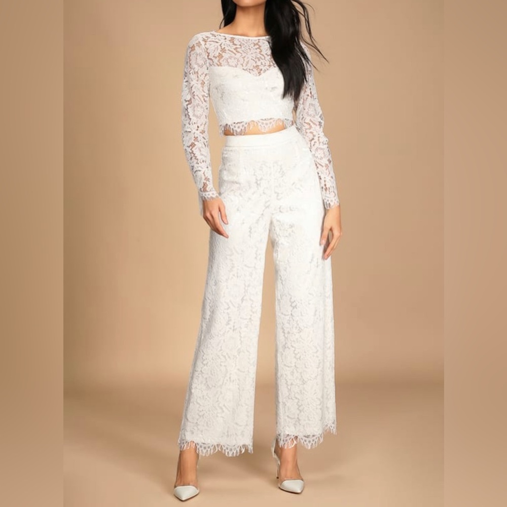 Lulu’s Ivory Lace Long Sleeve Two-Piece Jumpsuit